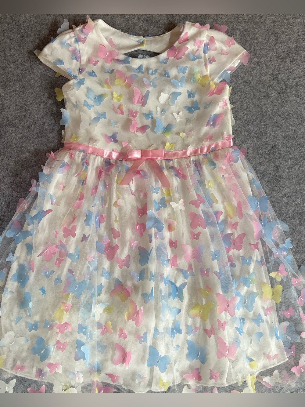White Kids Butterfly Party Dress with Pink Ribbon